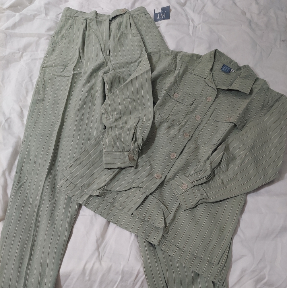 Ivy Living Sage Green Pinstripe Trousers and Shirt Set NWT